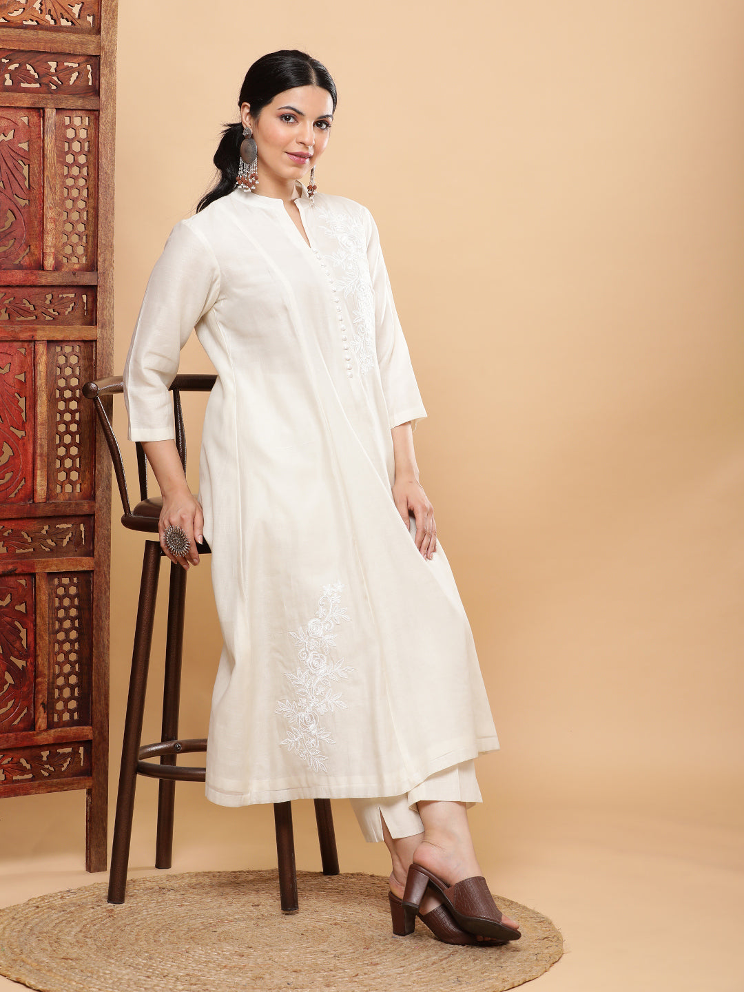 Chandni Mul Chanderi A-line Kurta with Motif - Ivory