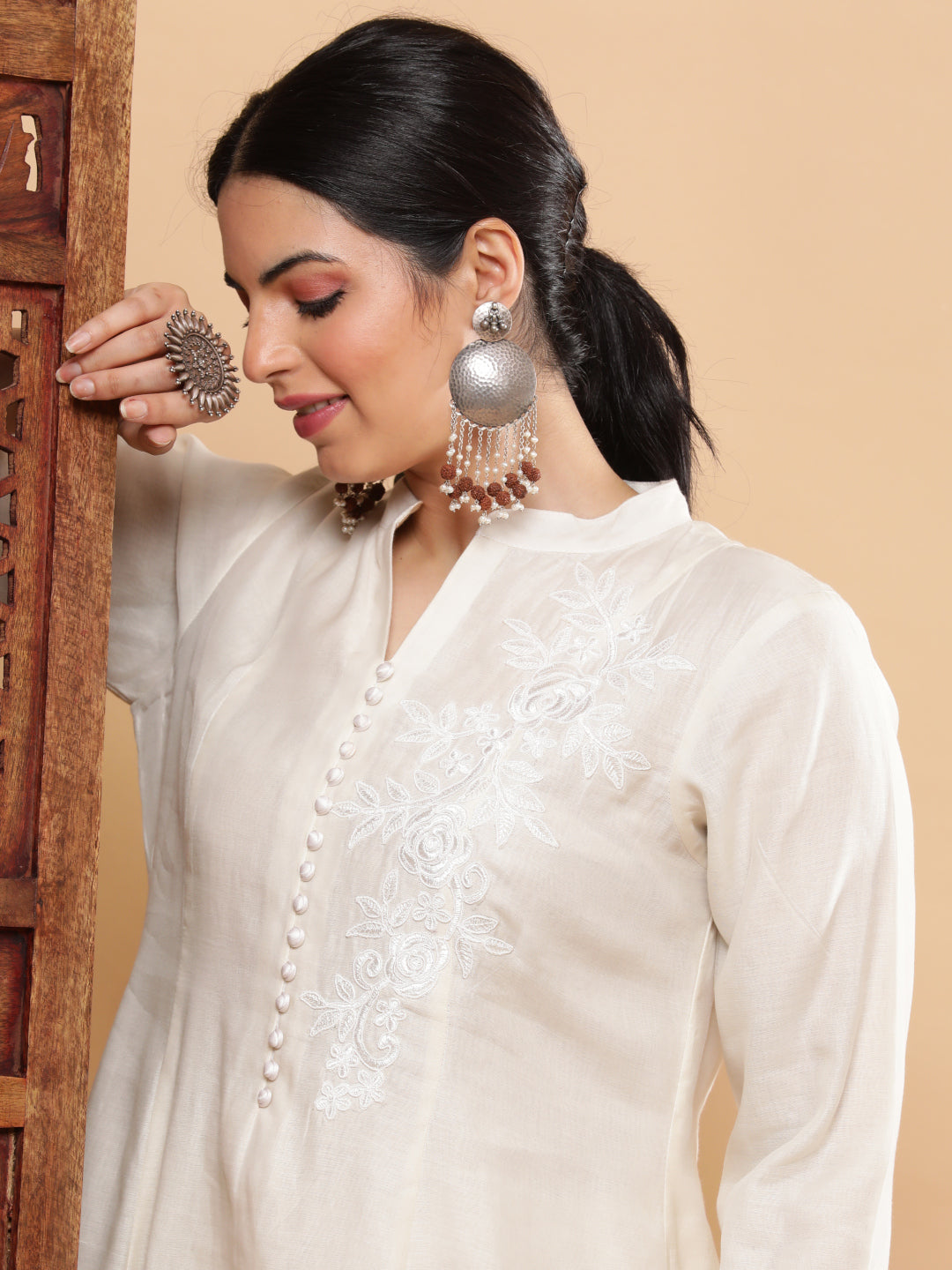 Chandni Mul Chanderi A-line Kurta with Motif - Ivory