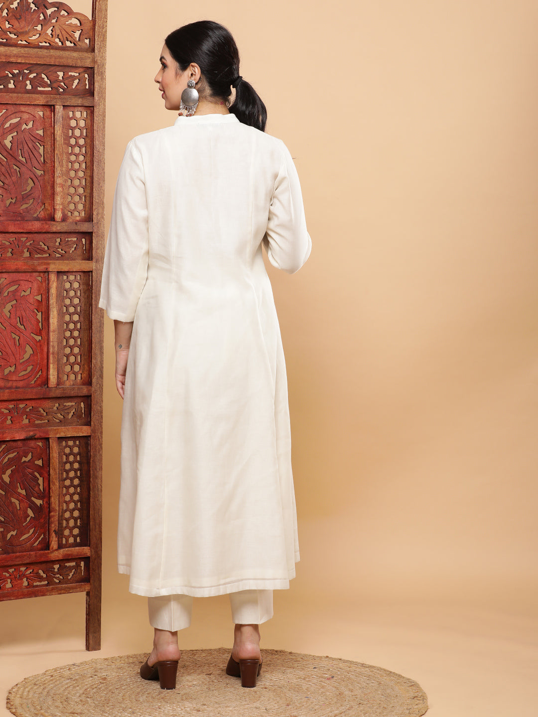 Chandni Mul Chanderi A-line Kurta with Motif - Ivory