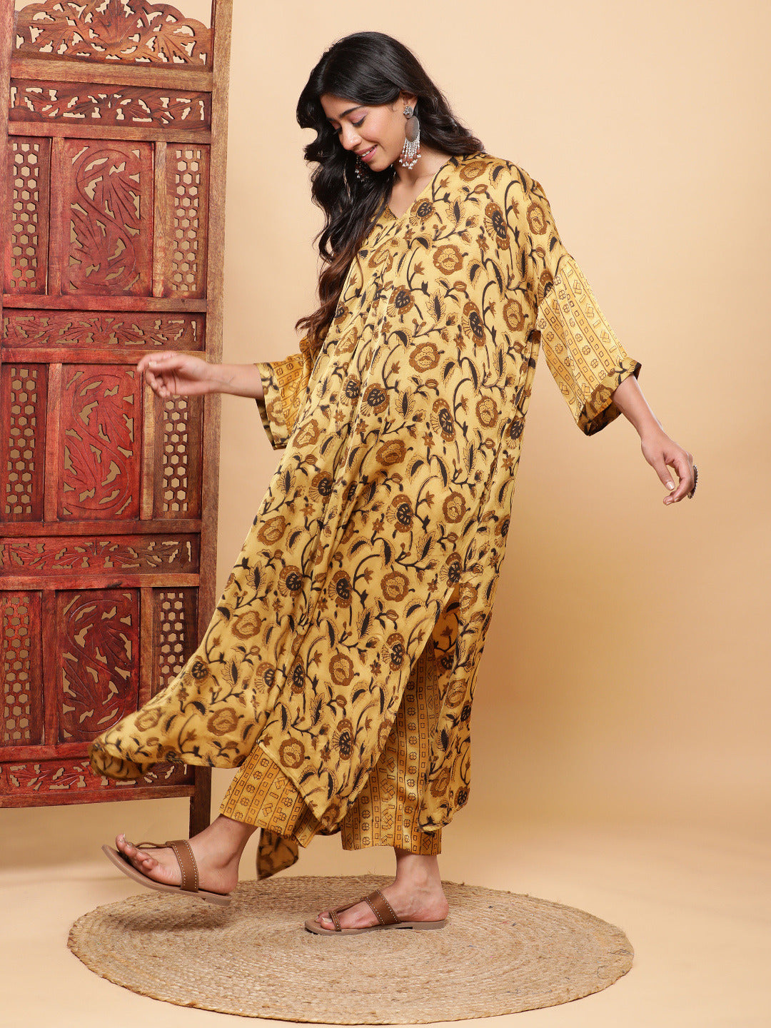 Mustard Vegetable Dye Flowy Modal Kurta with Pants