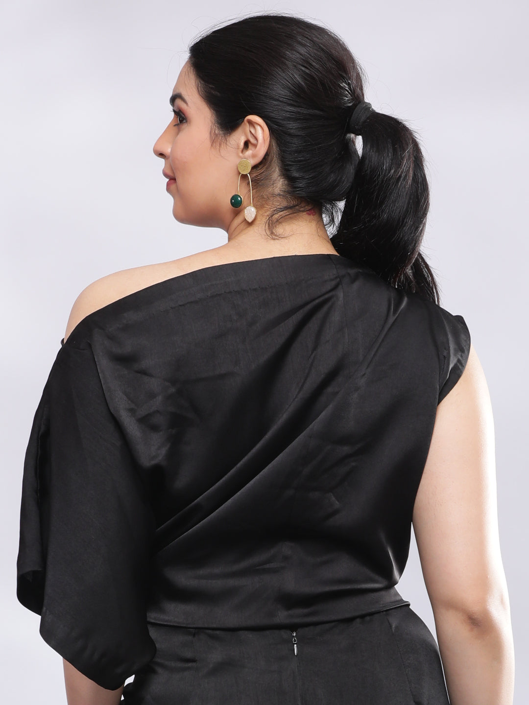 One Shoulder Drape Cowl Top - Black