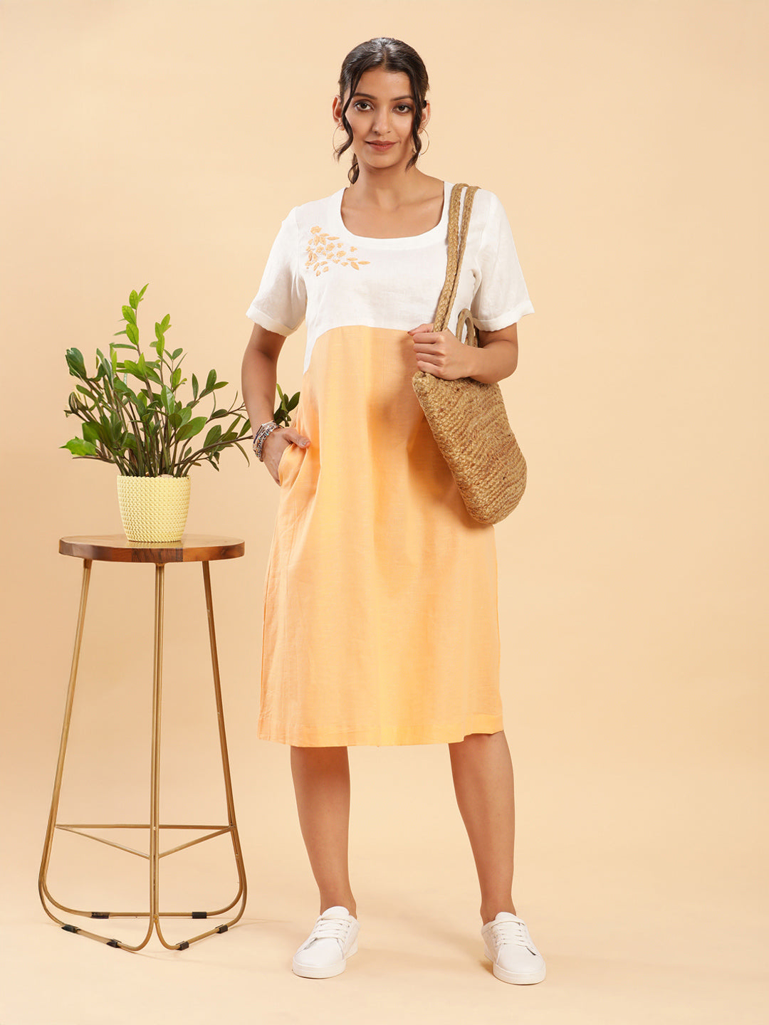 Peach n White Colour Block Dress with Motif