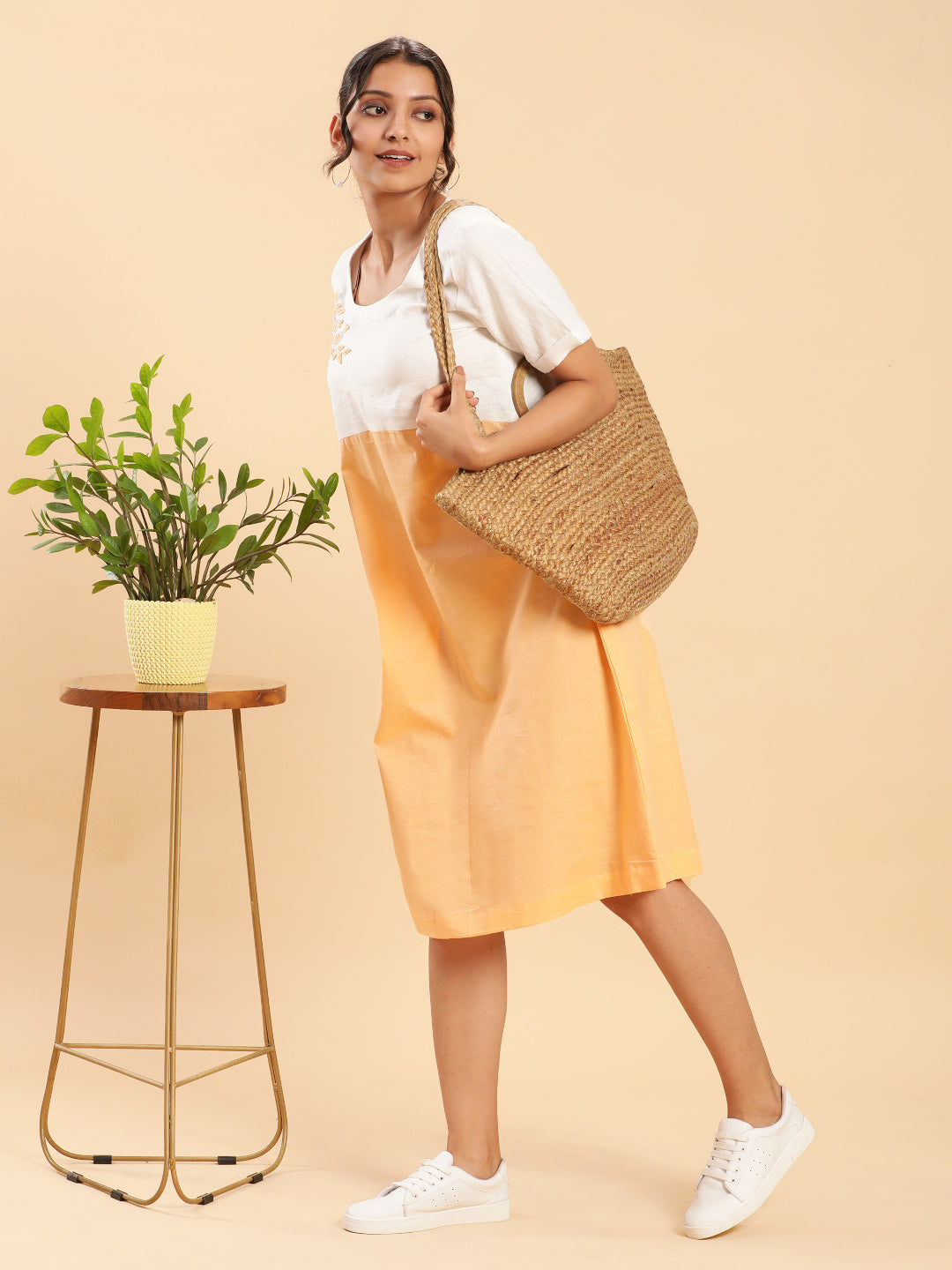 Peach n White Colour Block Dress with Motif