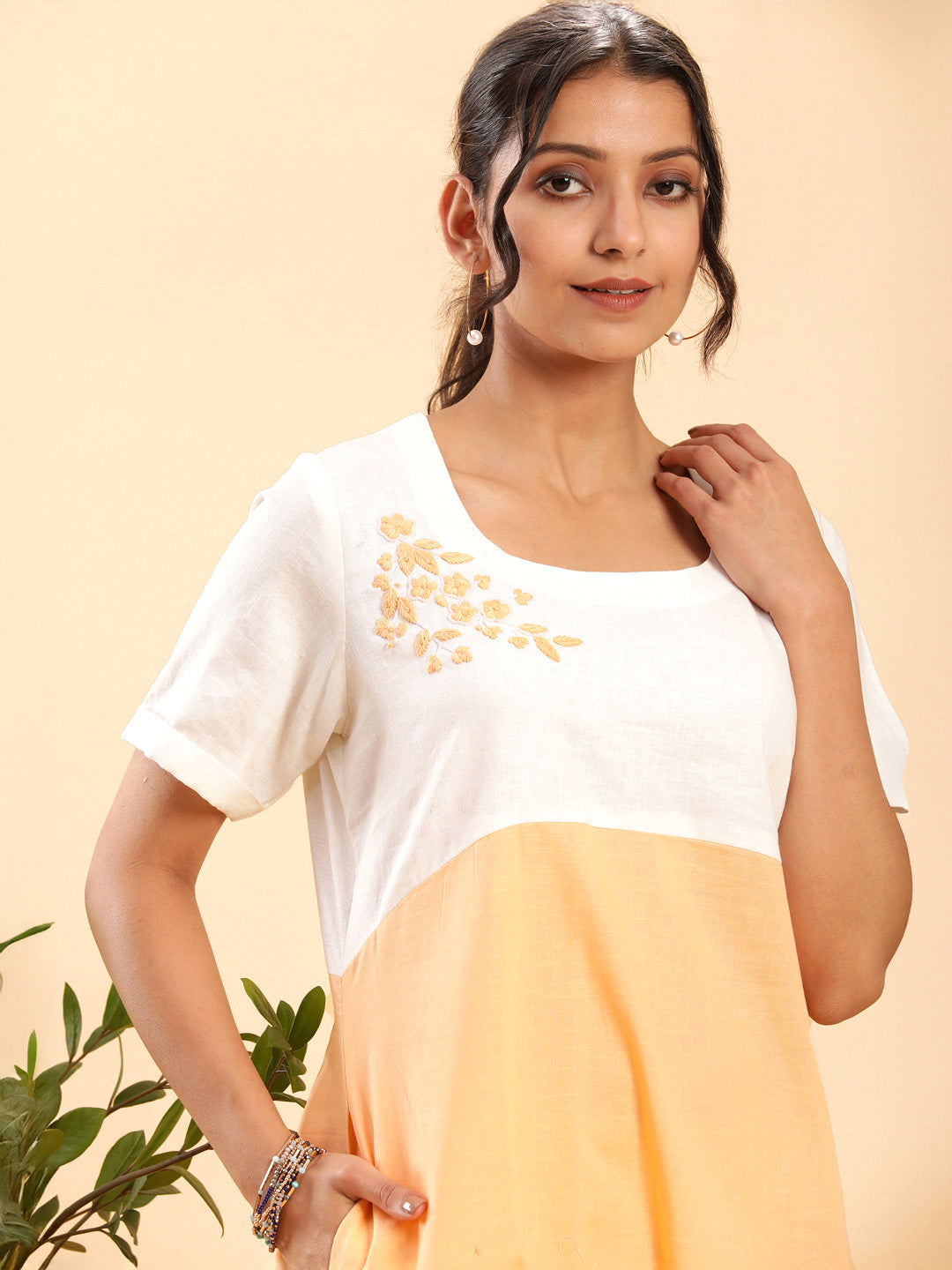 Peach n White Colour Block Dress with Motif