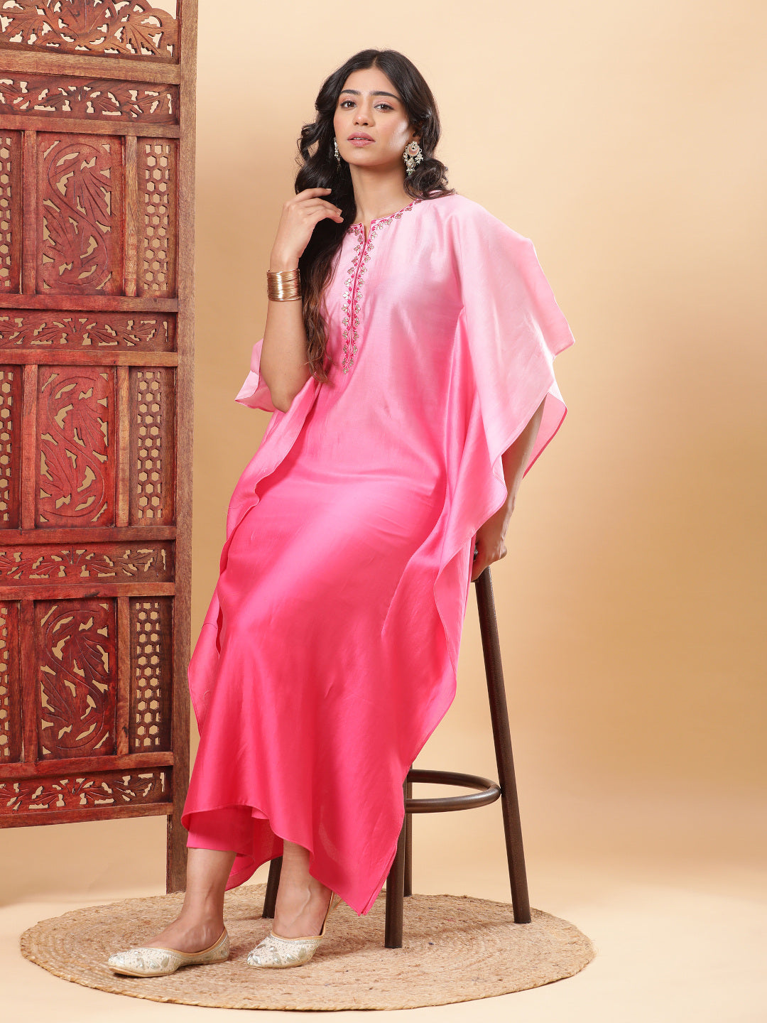 Pink Ombre Embroidered Kaftan with Pants