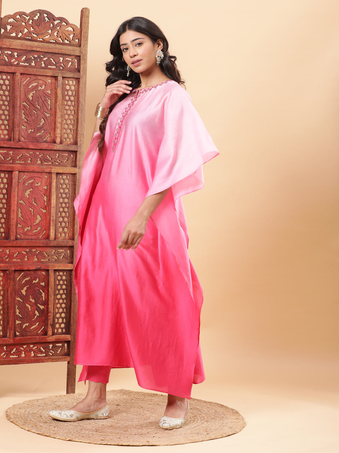 Pink Ombre Embroidered Kaftan with Pants