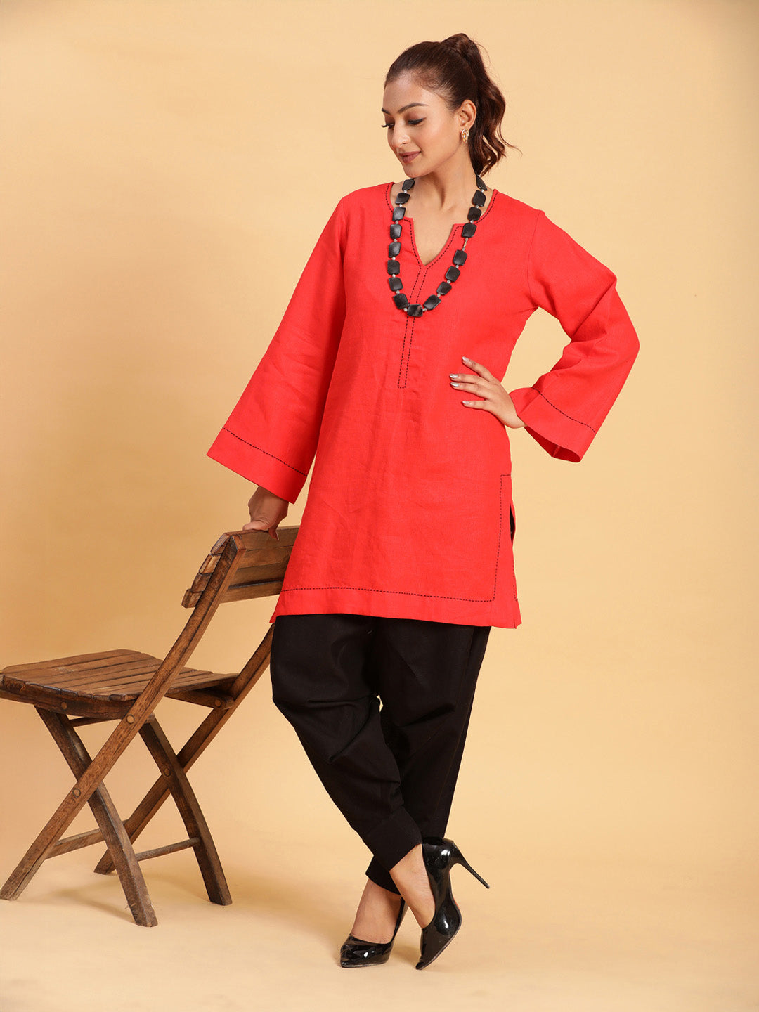 Red Threadwork Kurti with Black Harem Pants Co-ord Set