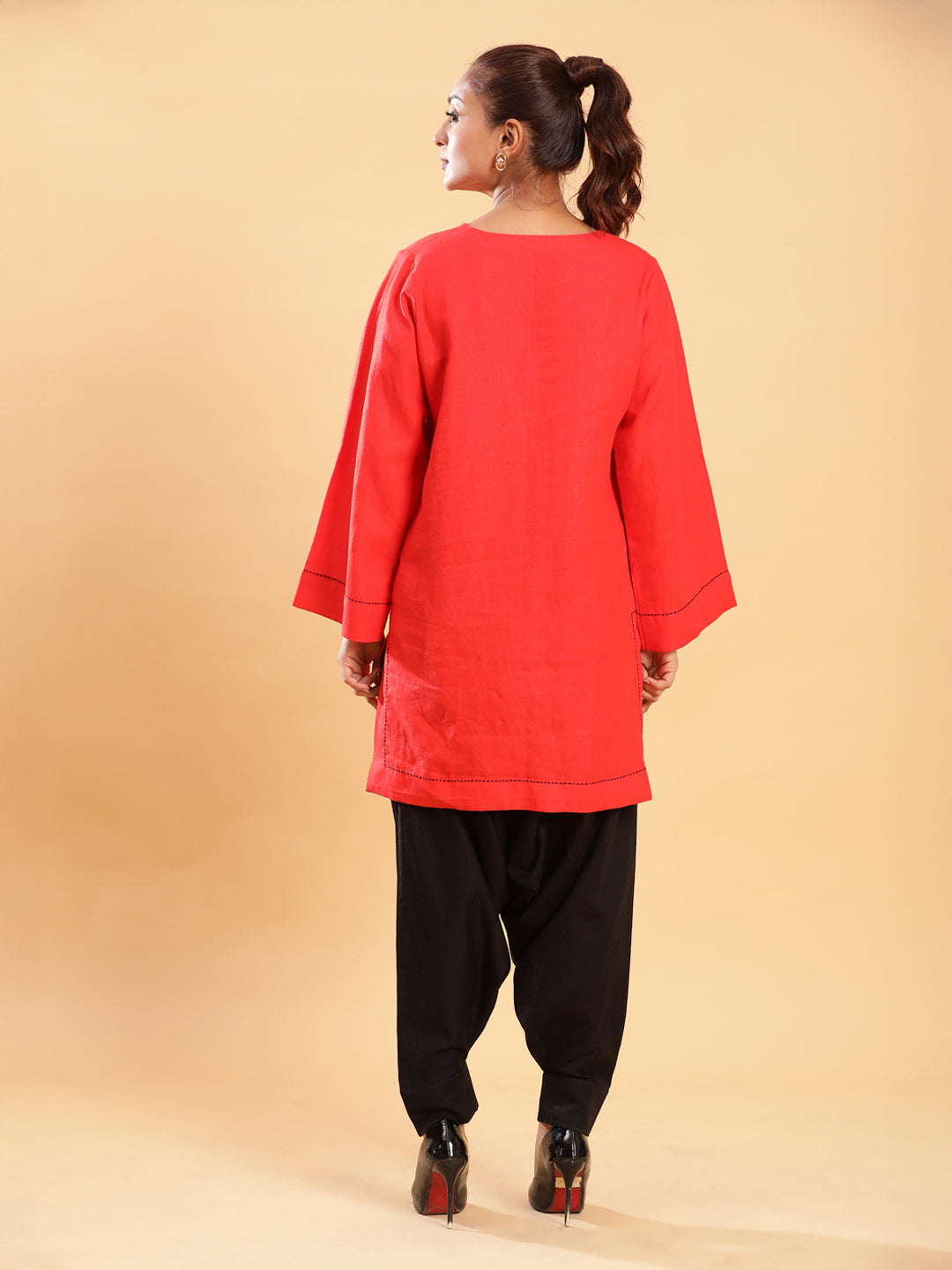 Red Threadwork Kurti with Black Harem Pants Co-ord Set