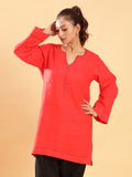 Bell Sleeves Red Linen Kurti Top with Threadwork