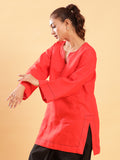 Bell Sleeves Red Linen Kurti Top with Threadwork