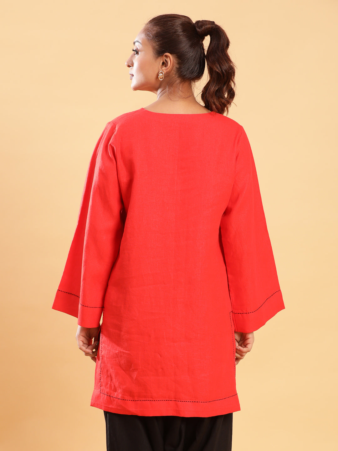 Bell Sleeves Red Linen Kurti Top with Threadwork