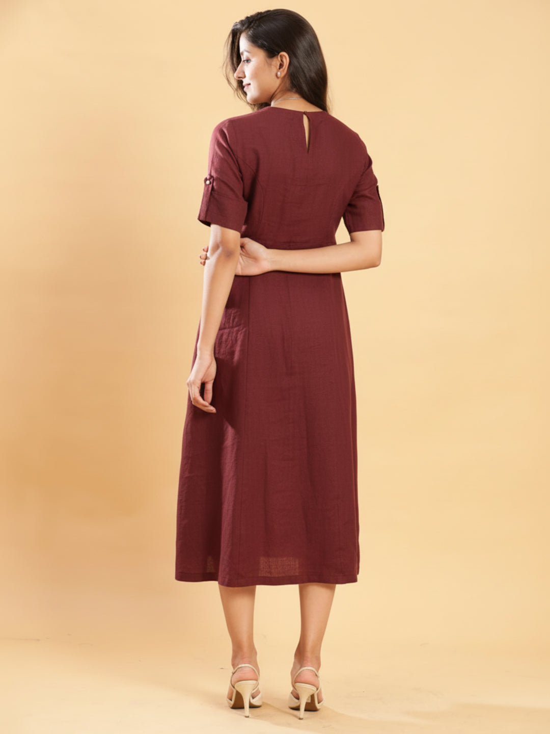 Rich Maroon Princess Cut Linen Dress 6