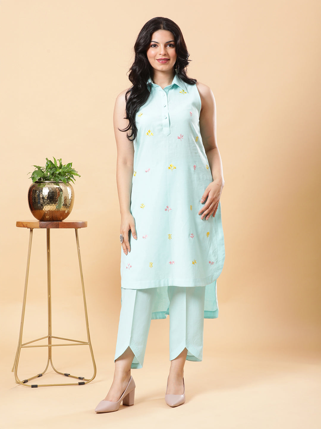 Sea Green Embroidered High Low Kurta with Tulip Fringe Pants