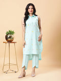 Sea Green Embroidered High Low Kurta with Tulip Fringe Pants