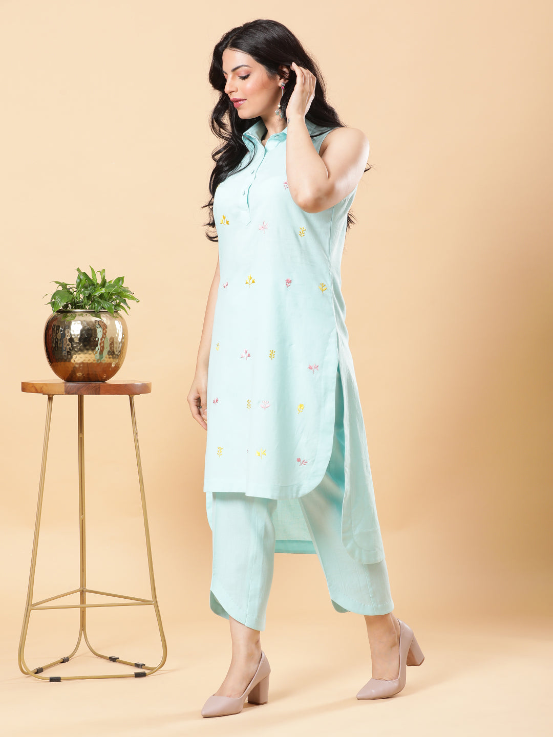 Sea Green Embroidered High Low Kurta with Tulip Fringe Pants