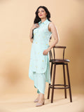 Sea Green Embroidered High Low Kurta with Tulip Fringe Pants