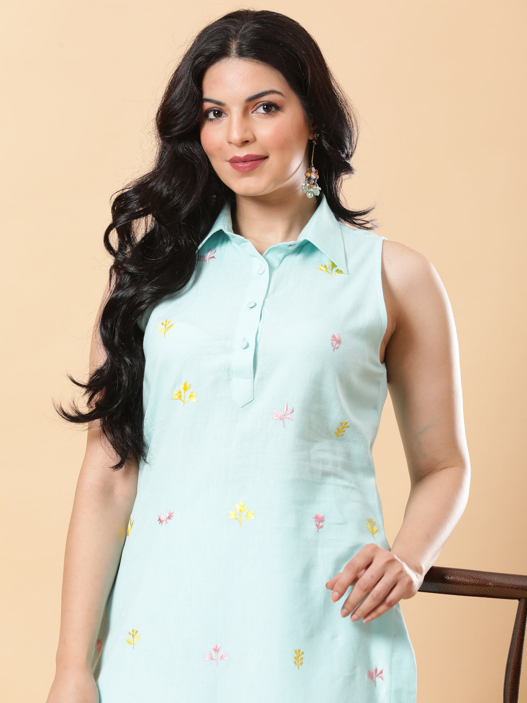 Sea Green Embroidered High Low Kurta with Tulip Fringe Pants