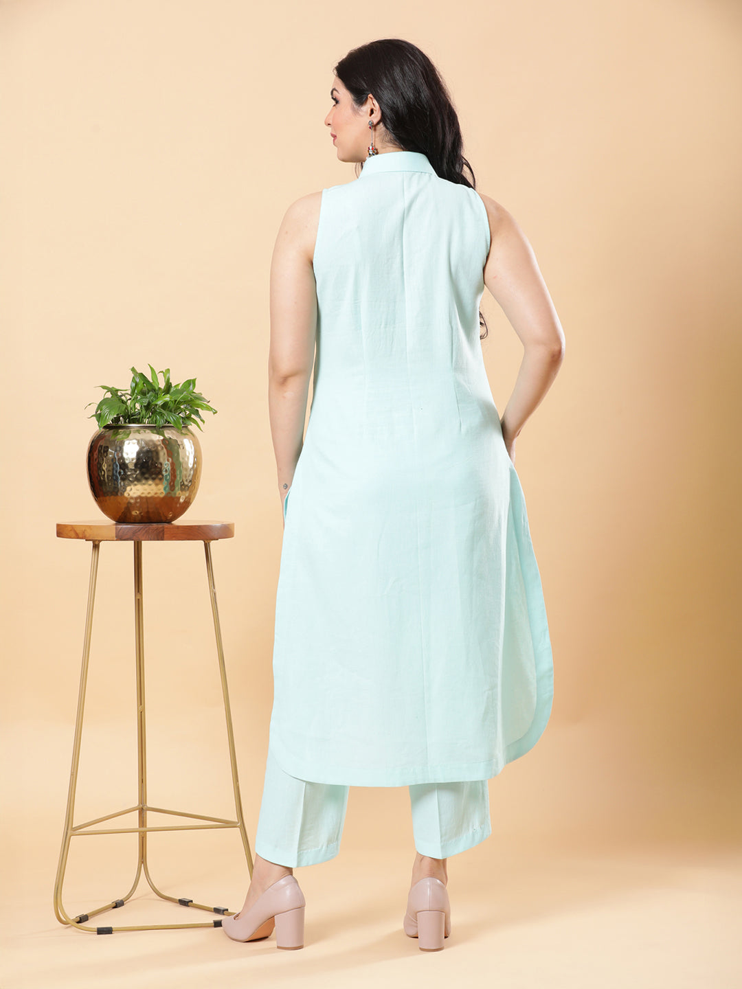 Sea Green Embroidered High Low Kurta with Tulip Fringe Pants