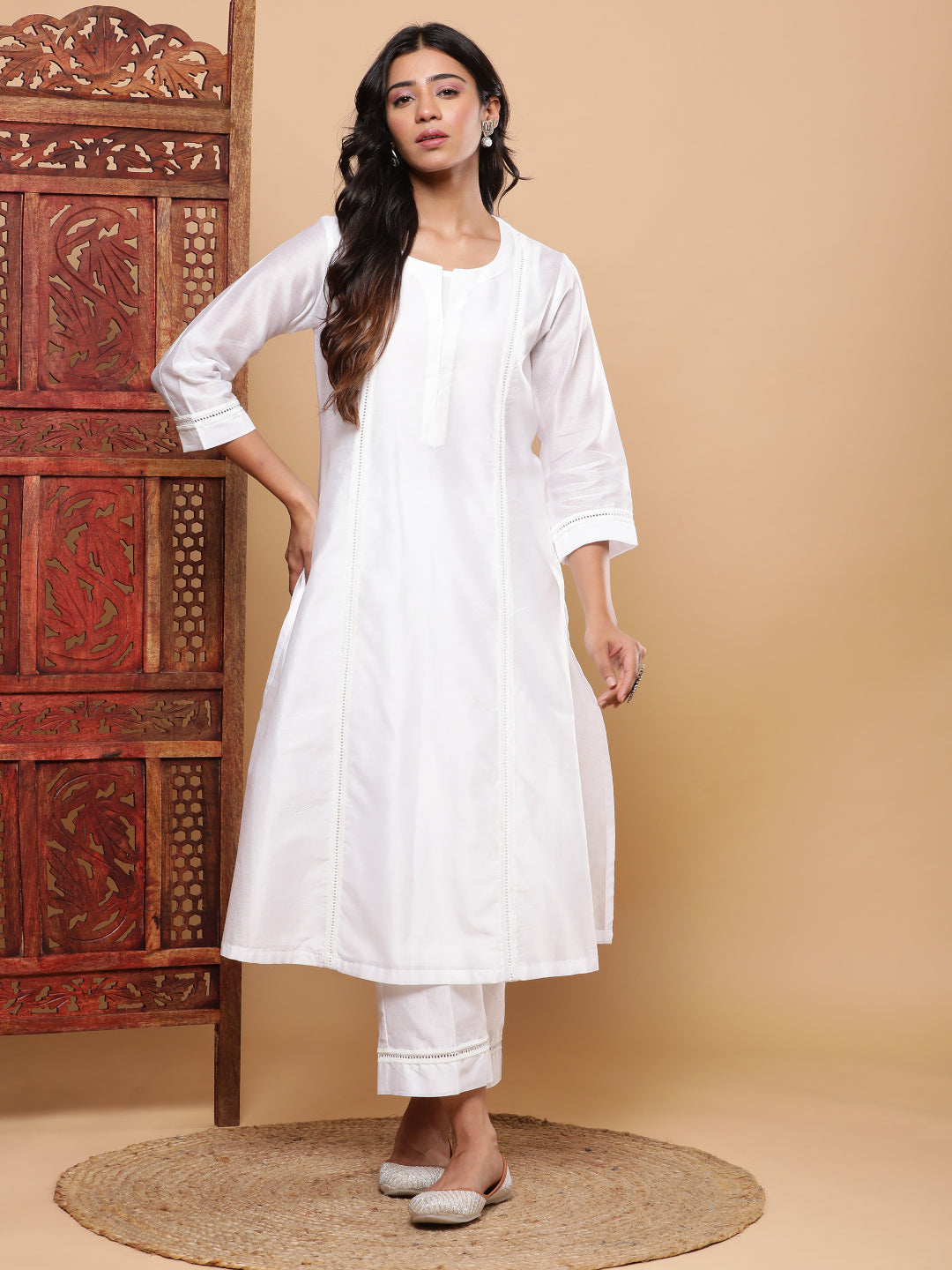 Serene White Chanderi A-Line Kurta Pants