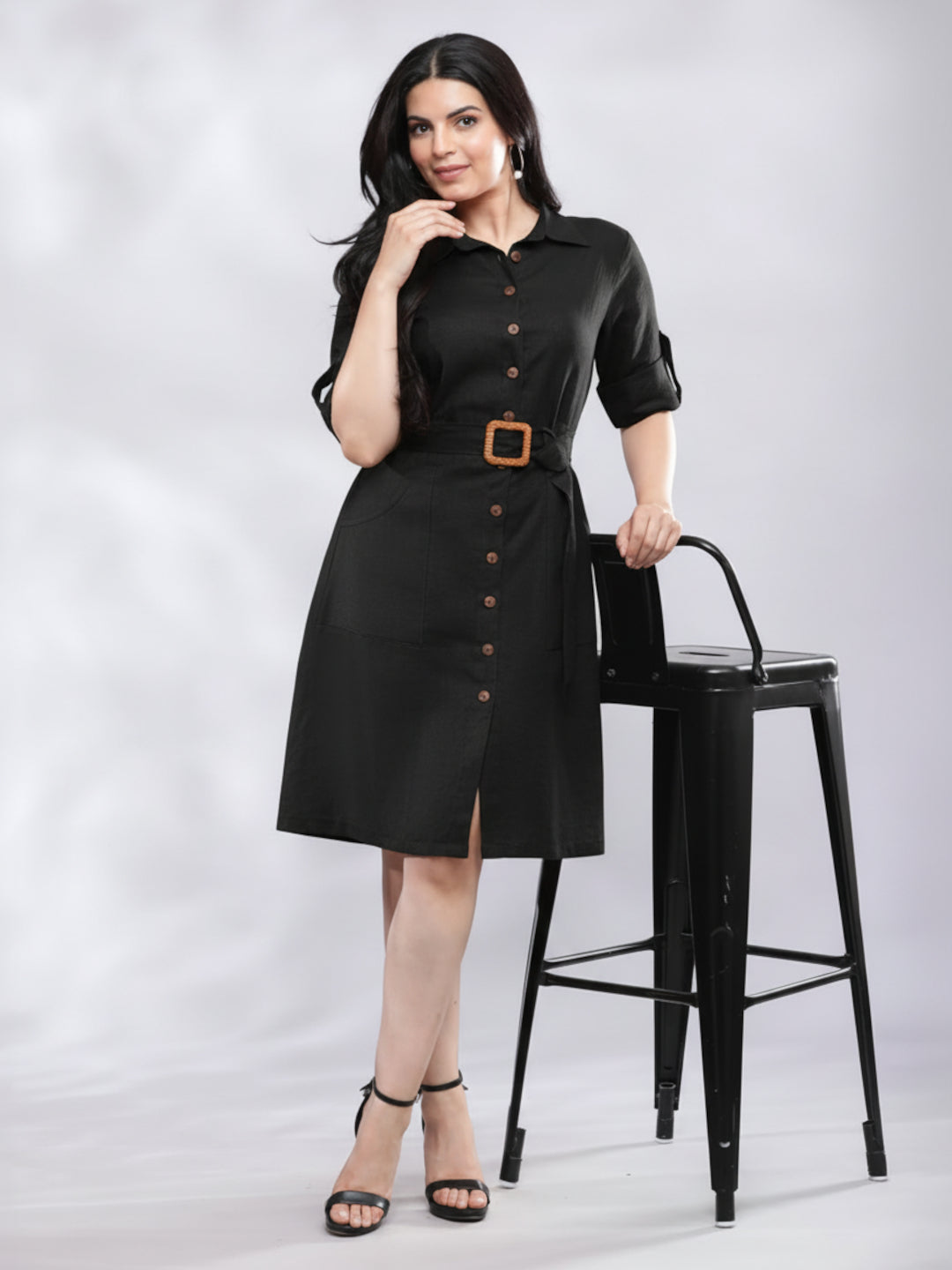 Smart Casual Black Linen Shirt Dress 1