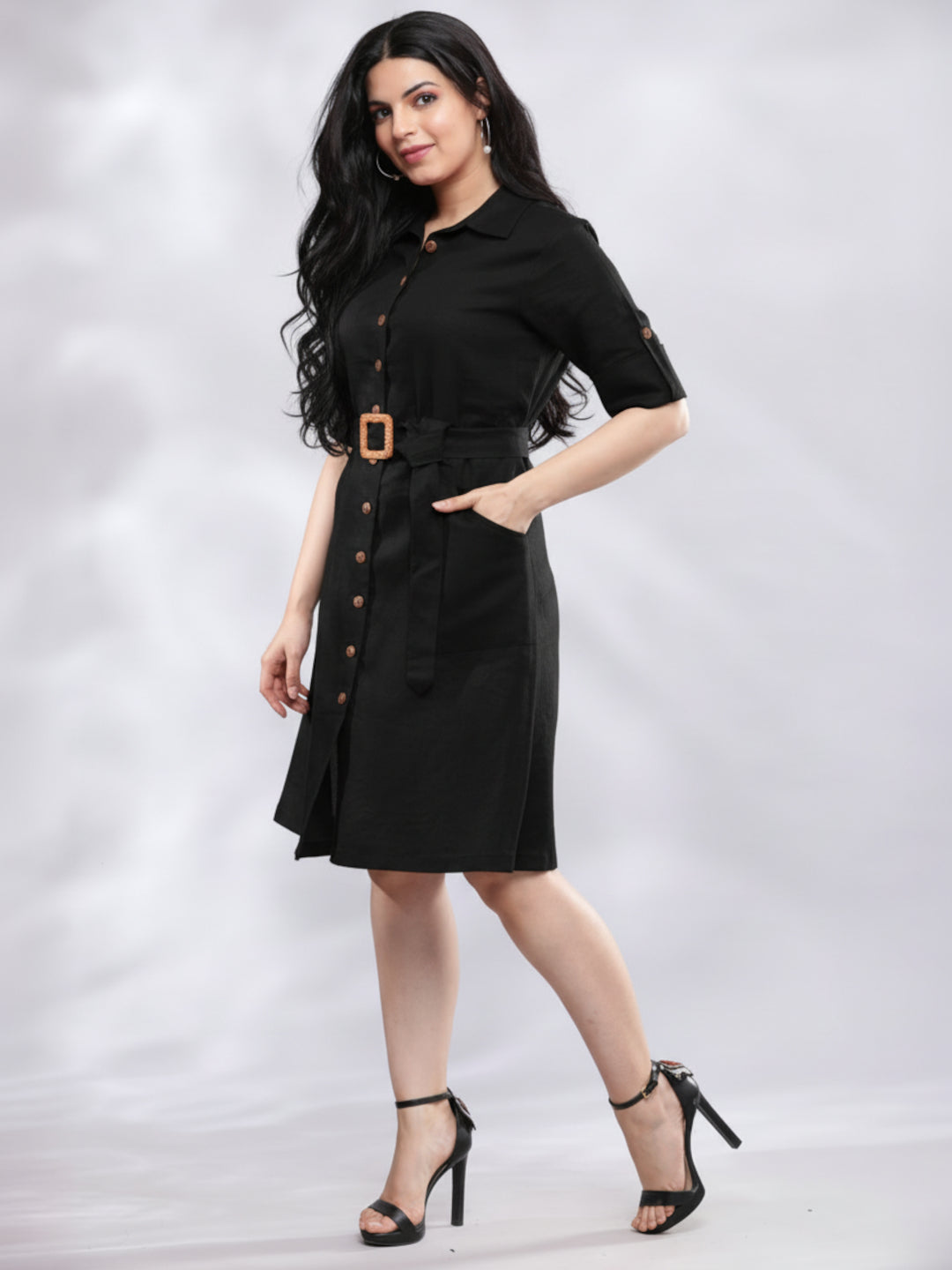 Smart Casual Black Linen Shirt Dress 3
