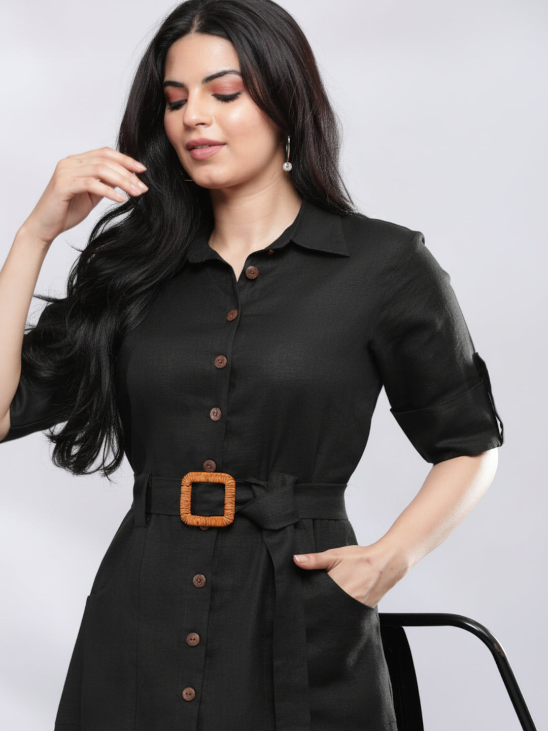 Smart Casual Black Linen Shirt Dress 4