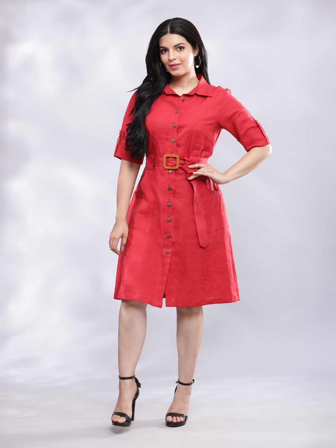 Smart Casual Red Linen Shirt Dress