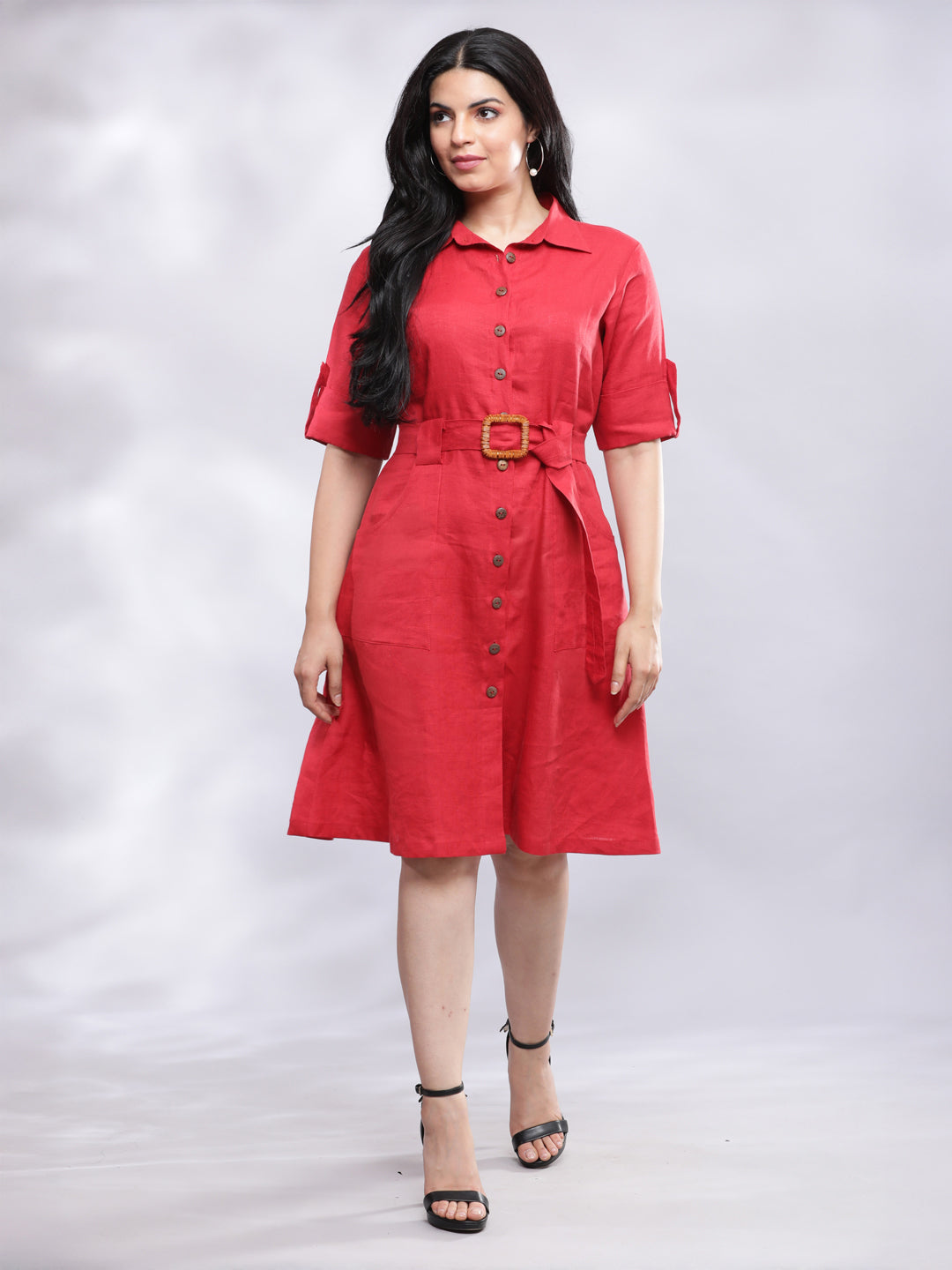 Smart Casual Red Linen Shirt Dress