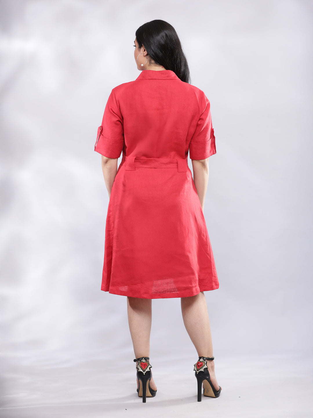 Smart Casual Red Linen Shirt Dress