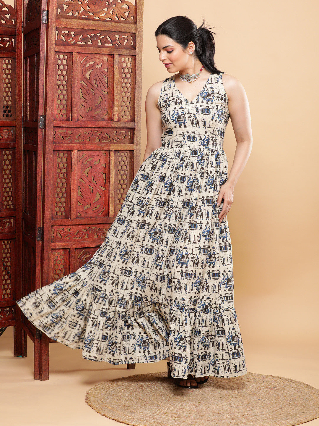 Tiered Ethnic Handblock Maxi Dress