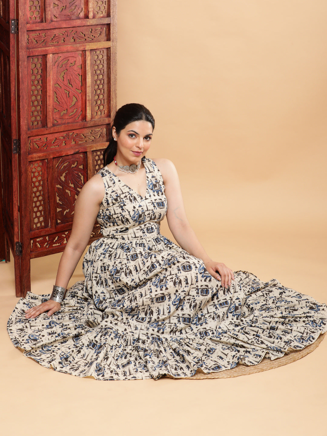 Tiered Ethnic Handblock Maxi Dress