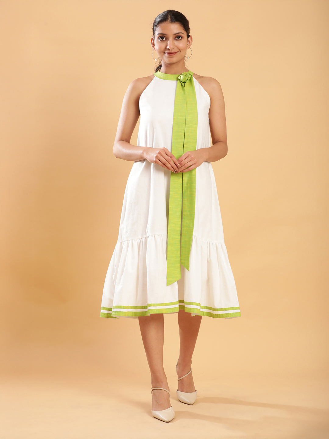 White linen Chic Dress with Lime Detailing