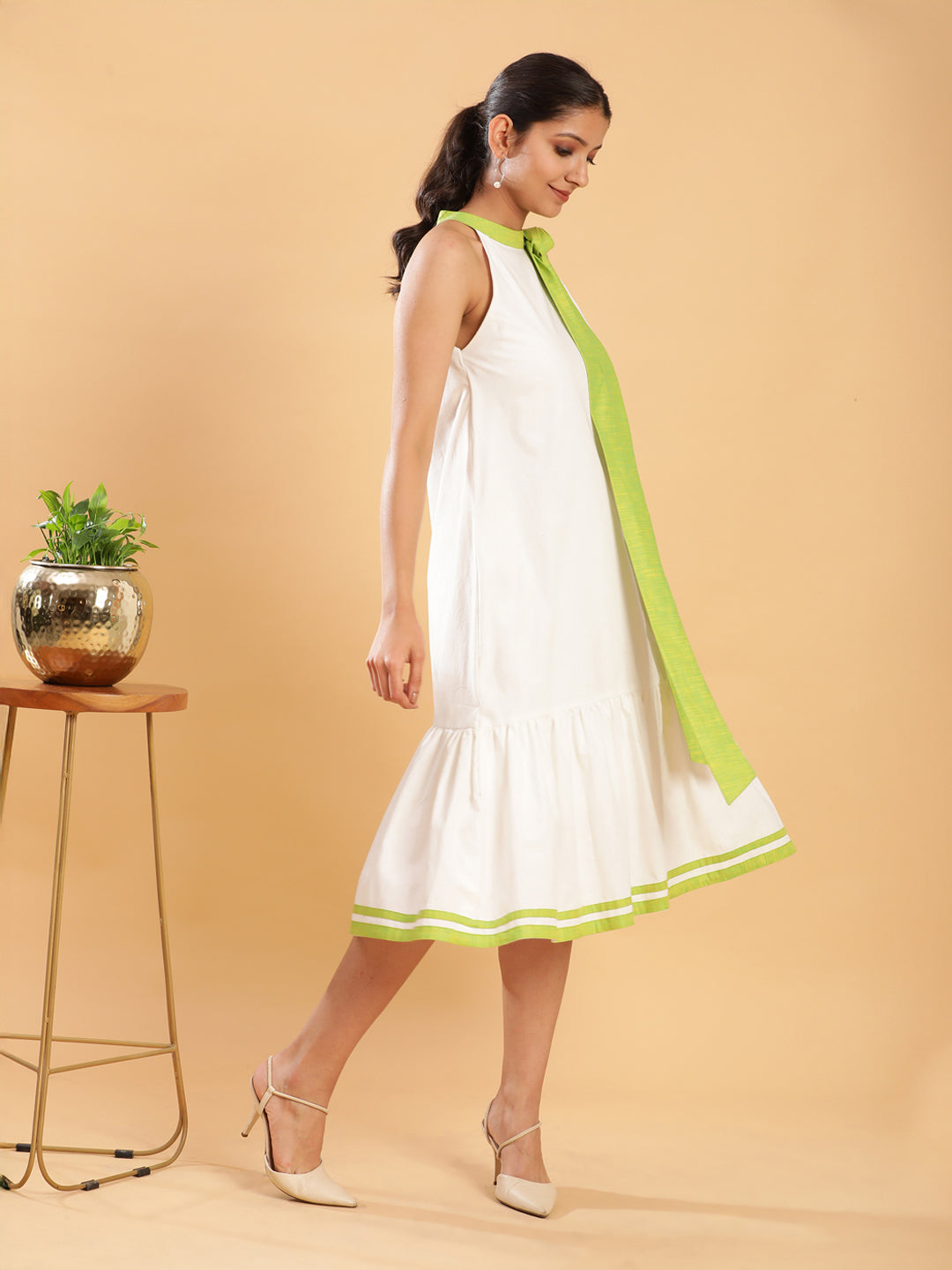 White linen Chic Dress with Lime Detailing