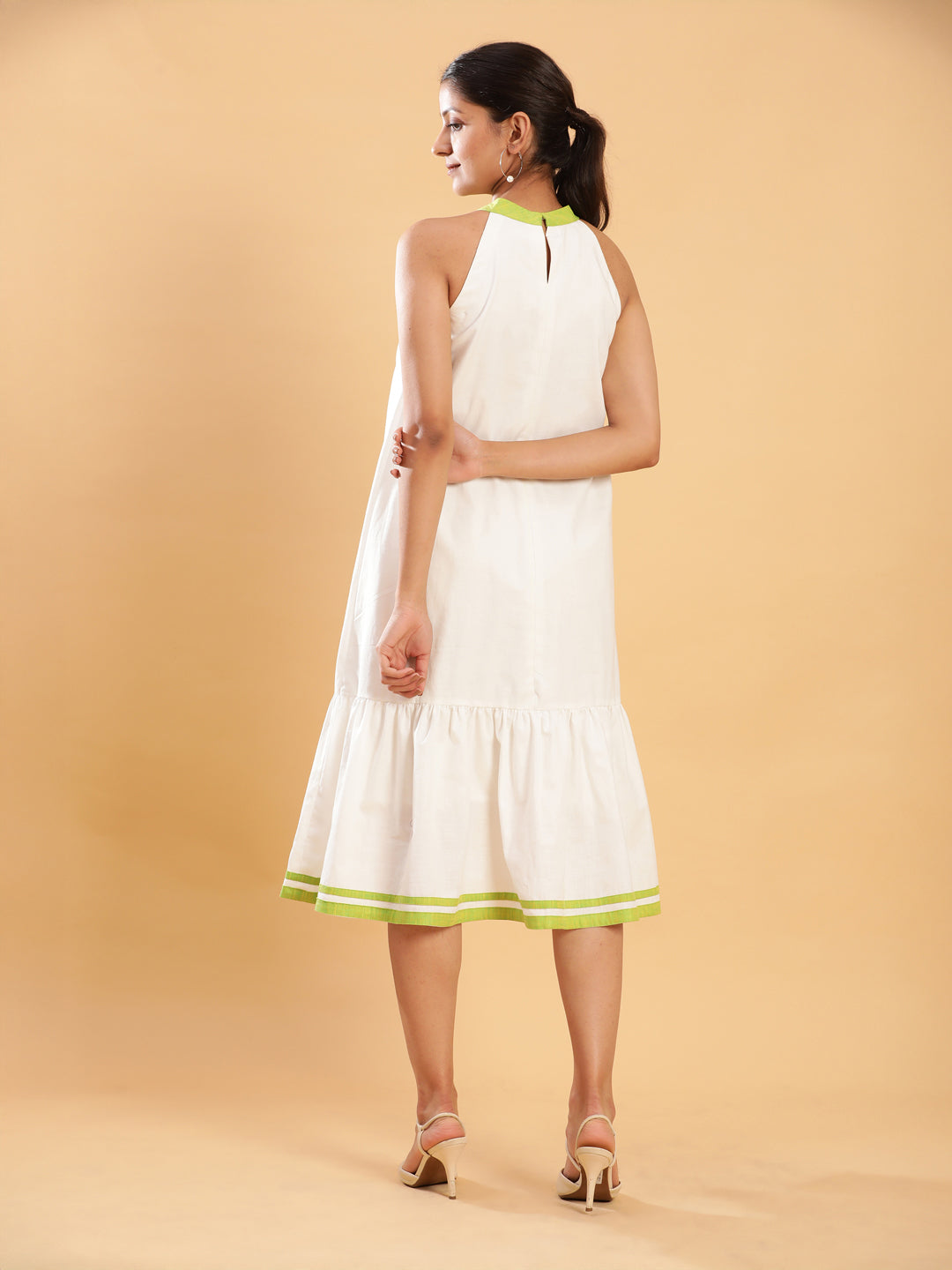 White linen Chic Dress with Lime Detailing