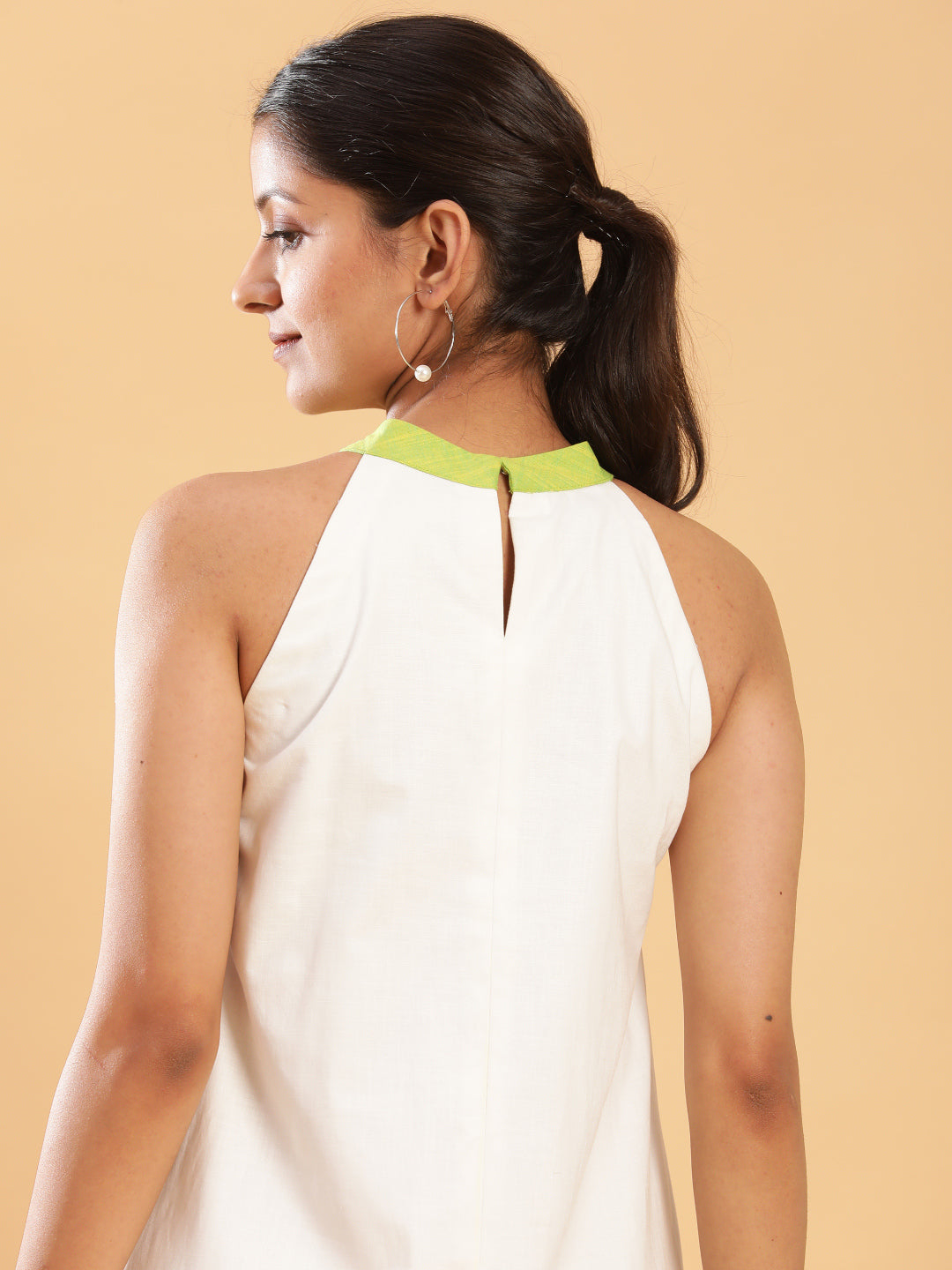 White linen Chic Dress with Lime Detailing