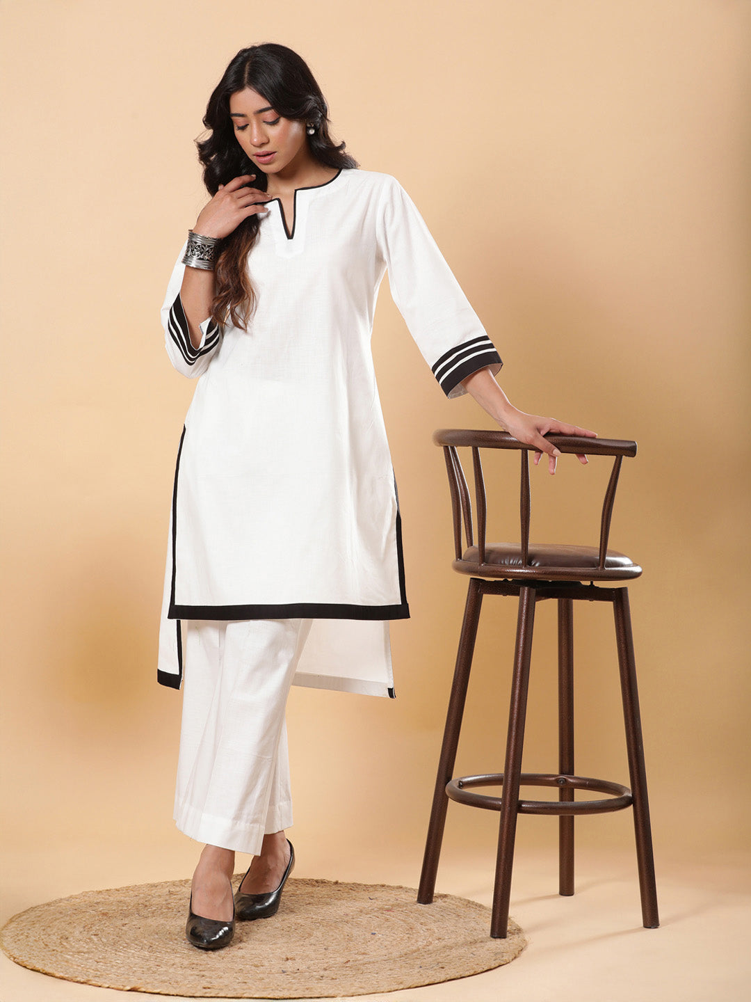 White Linen with Black Detailing High-Low Kurta Pants