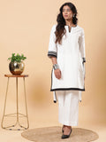 White Linen with Black Detailing High-Low Kurta Pants