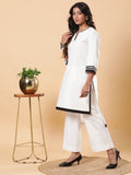 White Linen with Black Detailing High-Low Kurta Pants