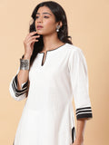 White Linen with Black Detailing High-Low Kurta Pants