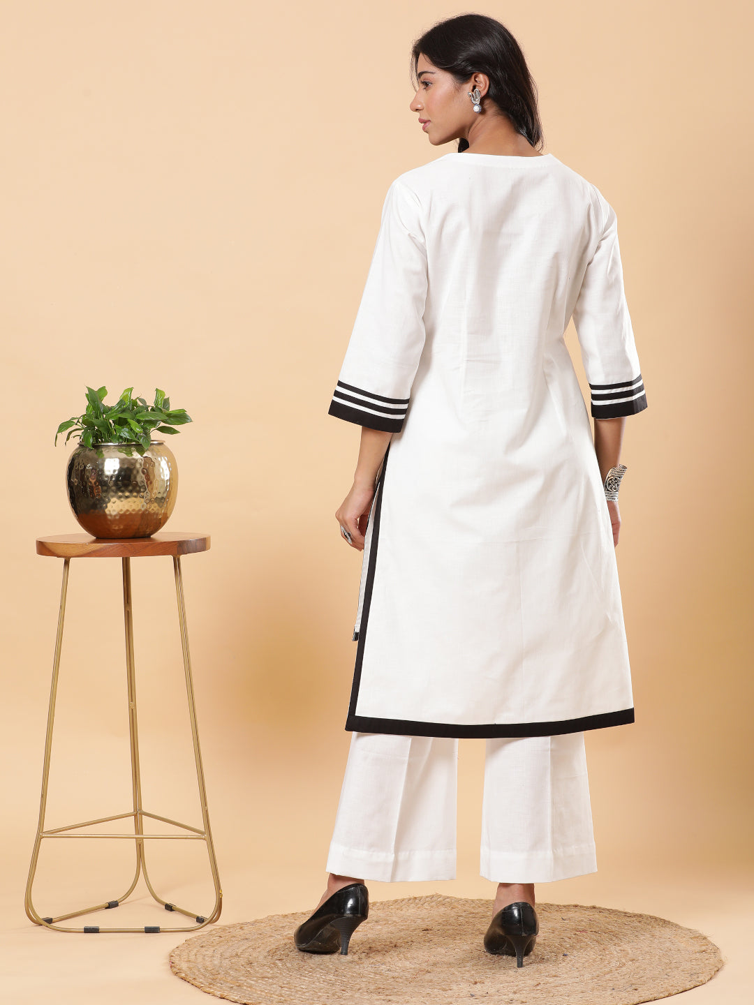 White Linen with Black Detailing High-Low Kurta Pants