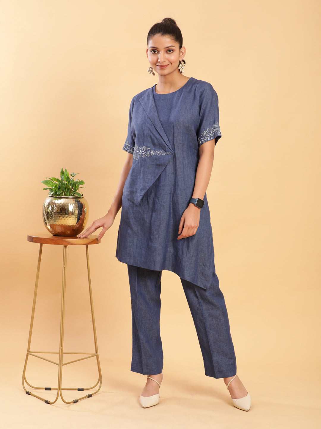 Wraparound Top with Motif and Pants Co-ord - Carbon Blue