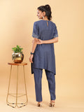 Wraparound Top with Motif and Pants Co-ord - Carbon Blue