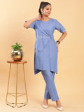 Wraparound Top with Motif and Pants Co-ord - Denim Blue