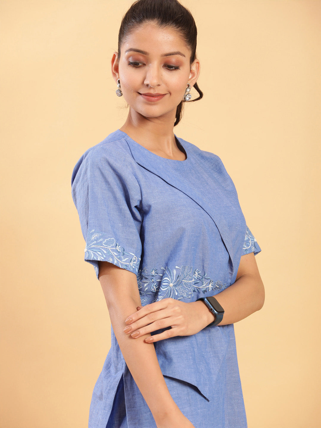 Wraparound Top with Motif and Pants Co-ord - Denim Blue