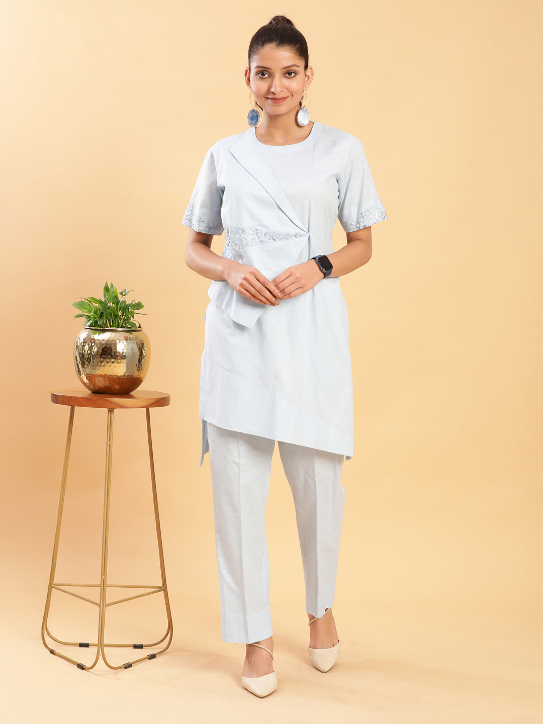 Wraparound Top with Motif and Pants Co-ord - Sky Blue