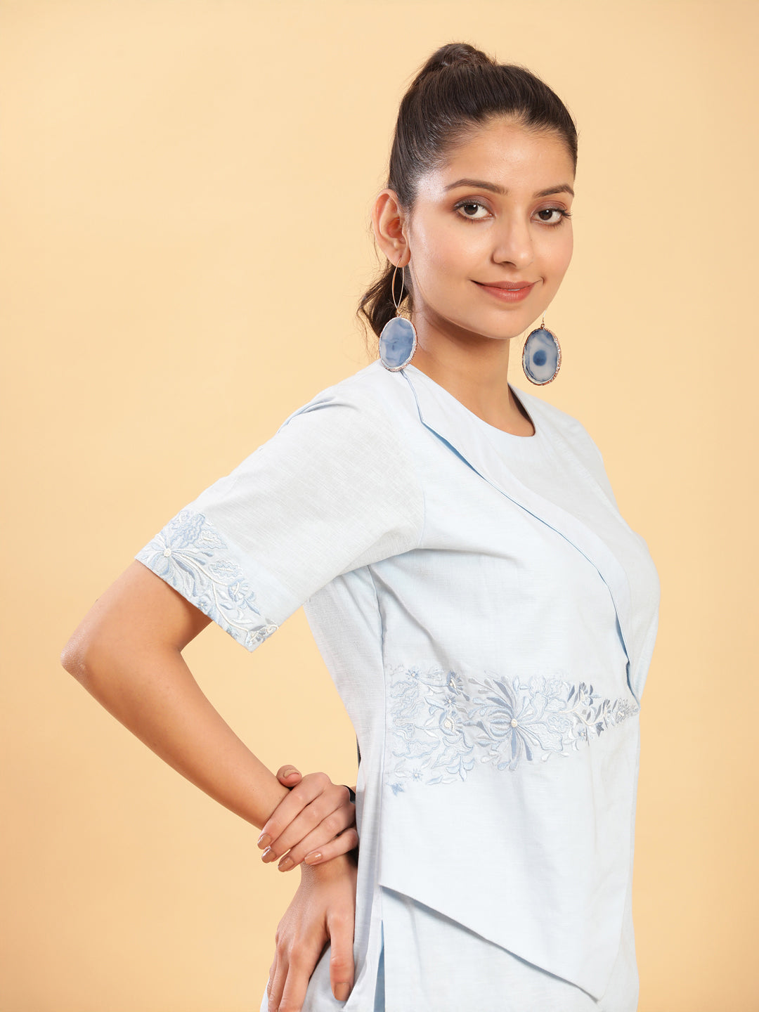 Wraparound Top with Motif and Pants Co-ord - Sky Blue