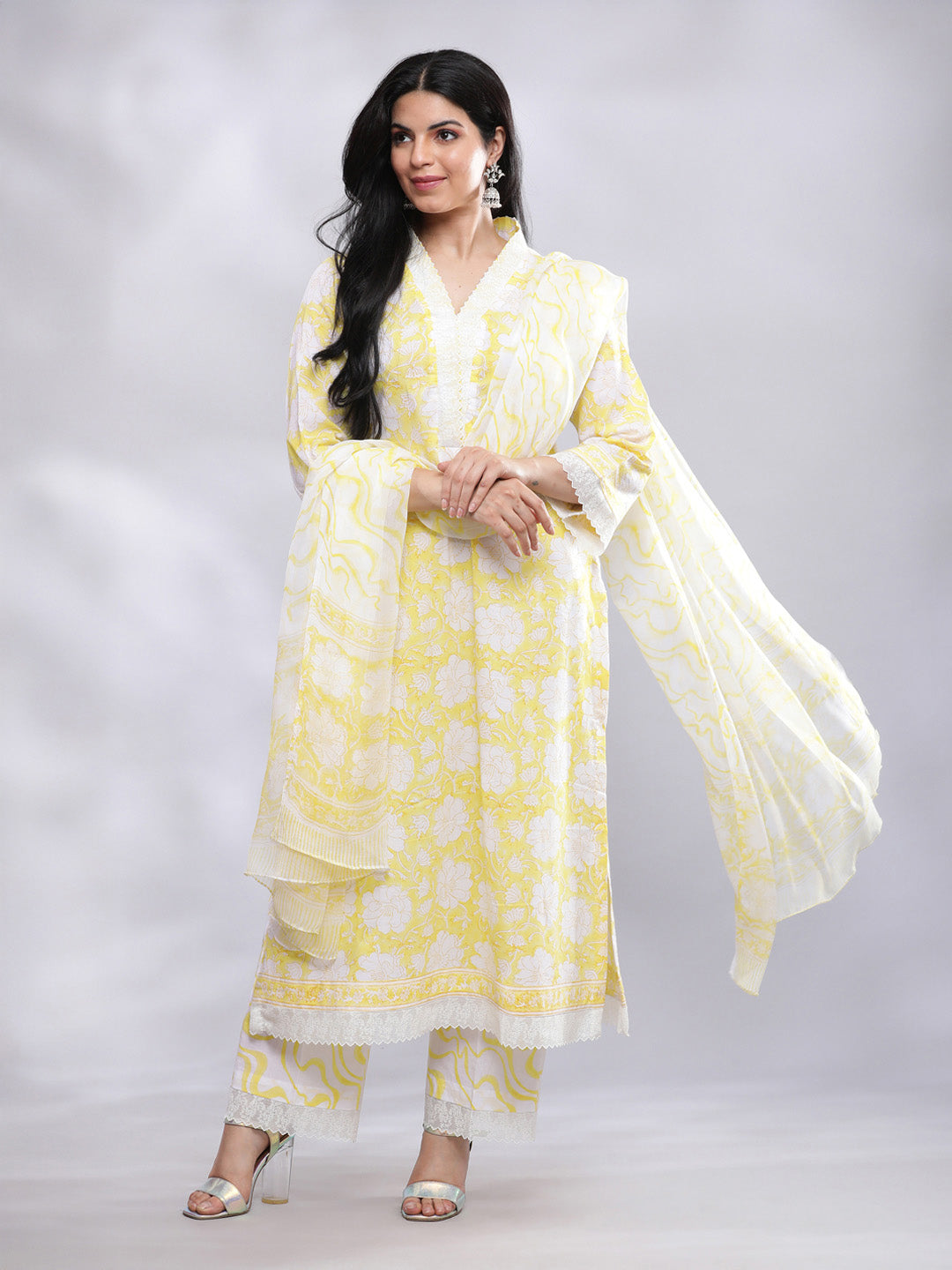 Summer Yellow with White Lace Kurta Pant with Chiffon Dupatta