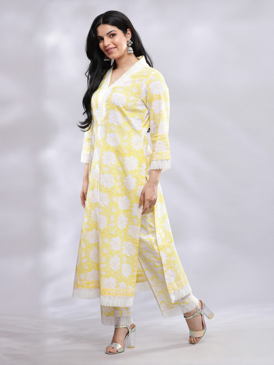 Summer Yellow with White Lace Kurta Pant with Chiffon Dupatta