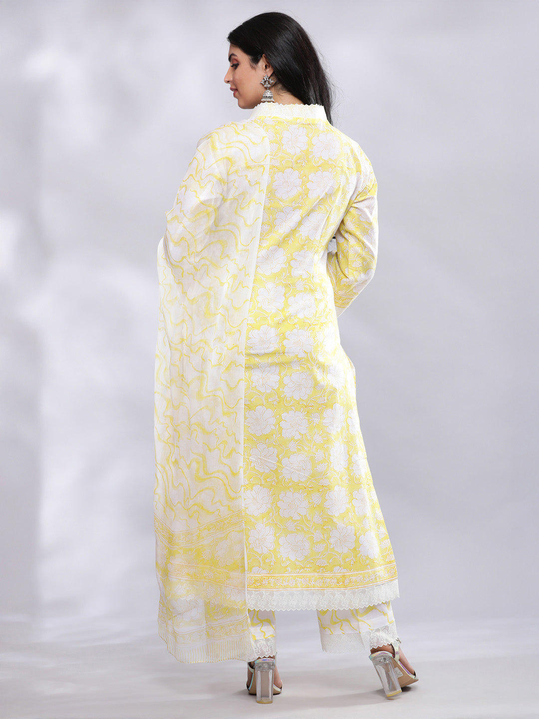 Summer Yellow with White Lace Kurta Pant with Chiffon Dupatta