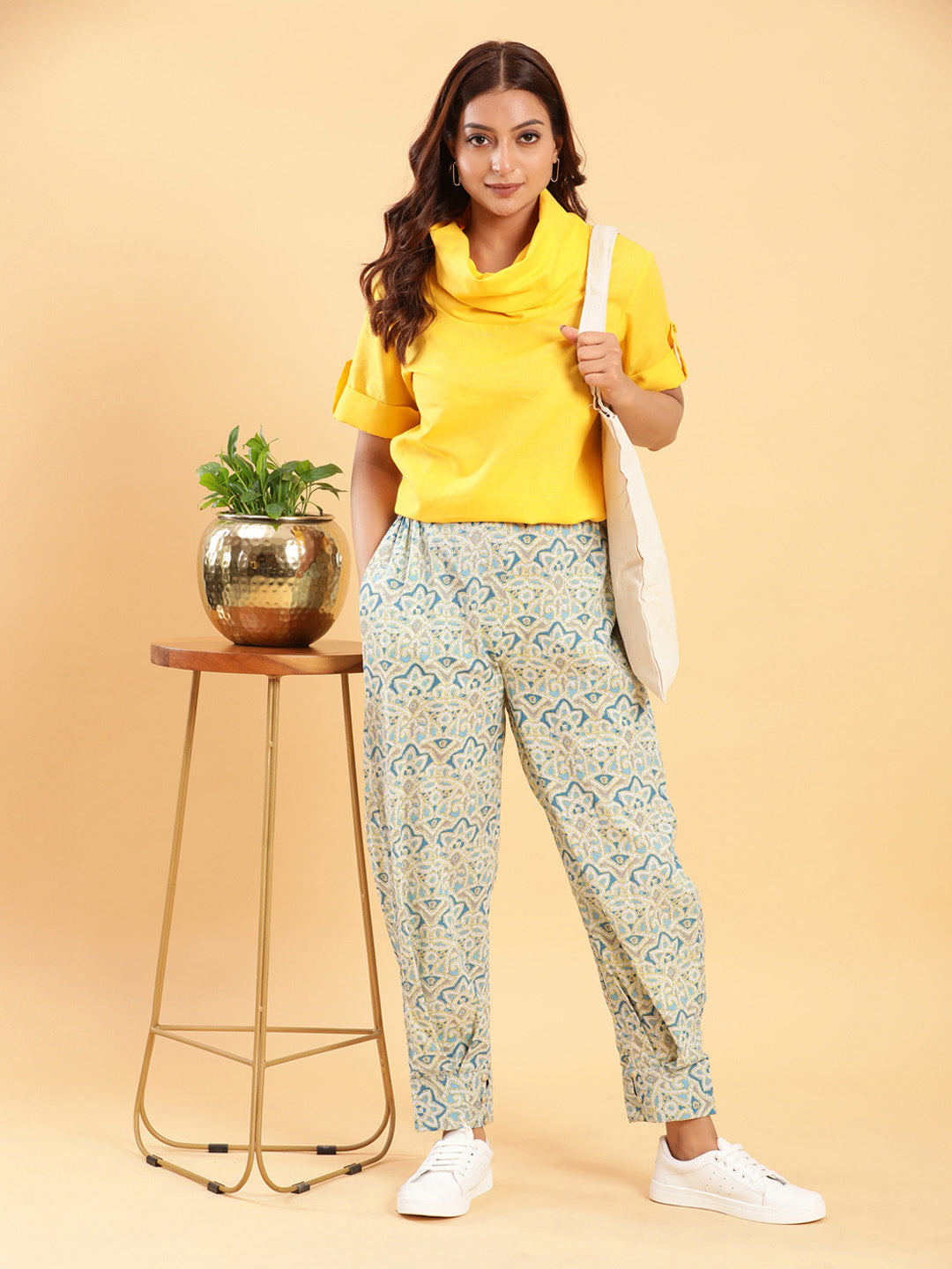 Yellow Cowl Neck Linen Top with Moroccan Print Afghani Pants Co-ord Set